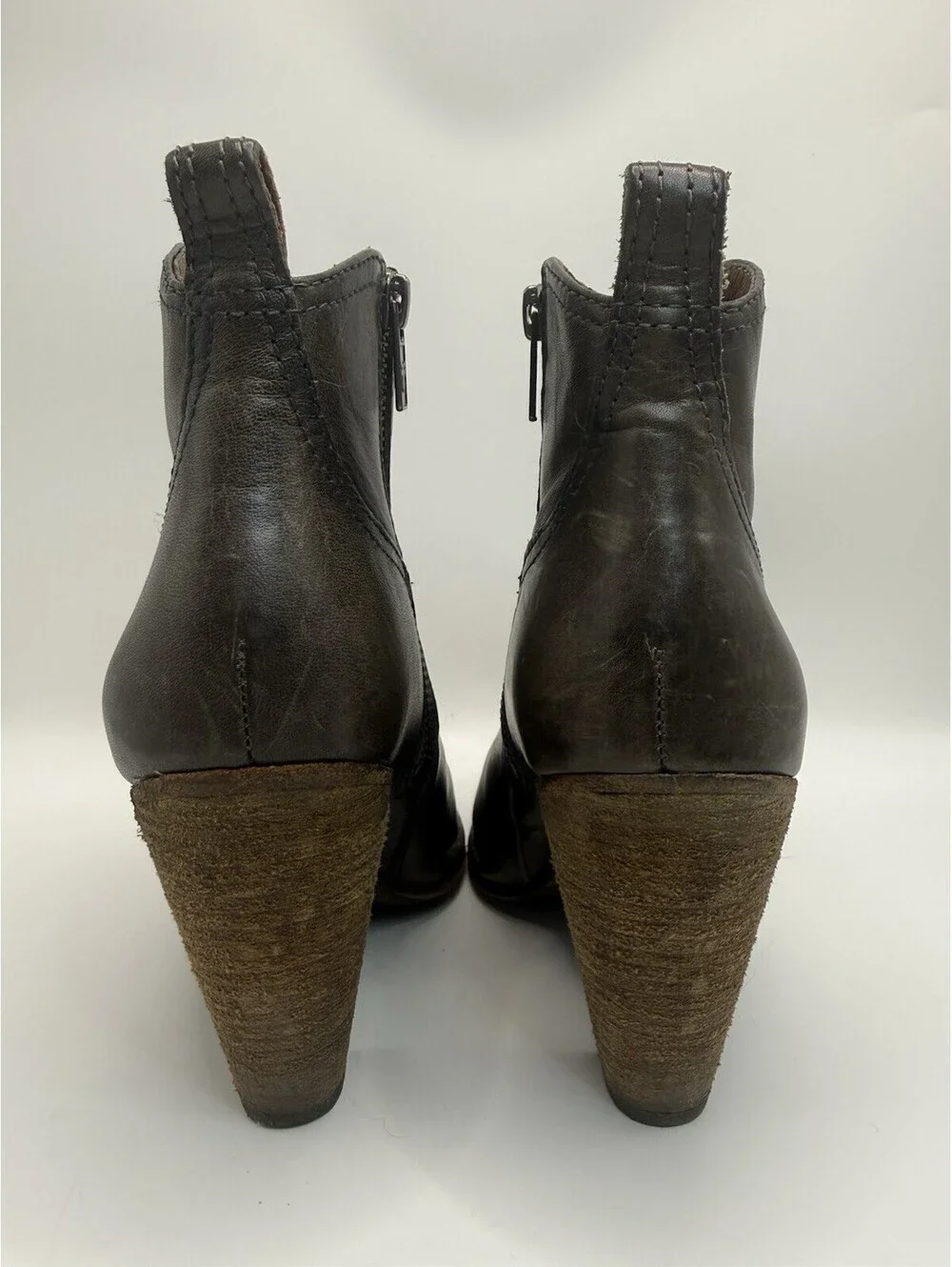Frye Short Madeline Brown Ankle Zip Boots Leather Size 6M Stacked Heel
